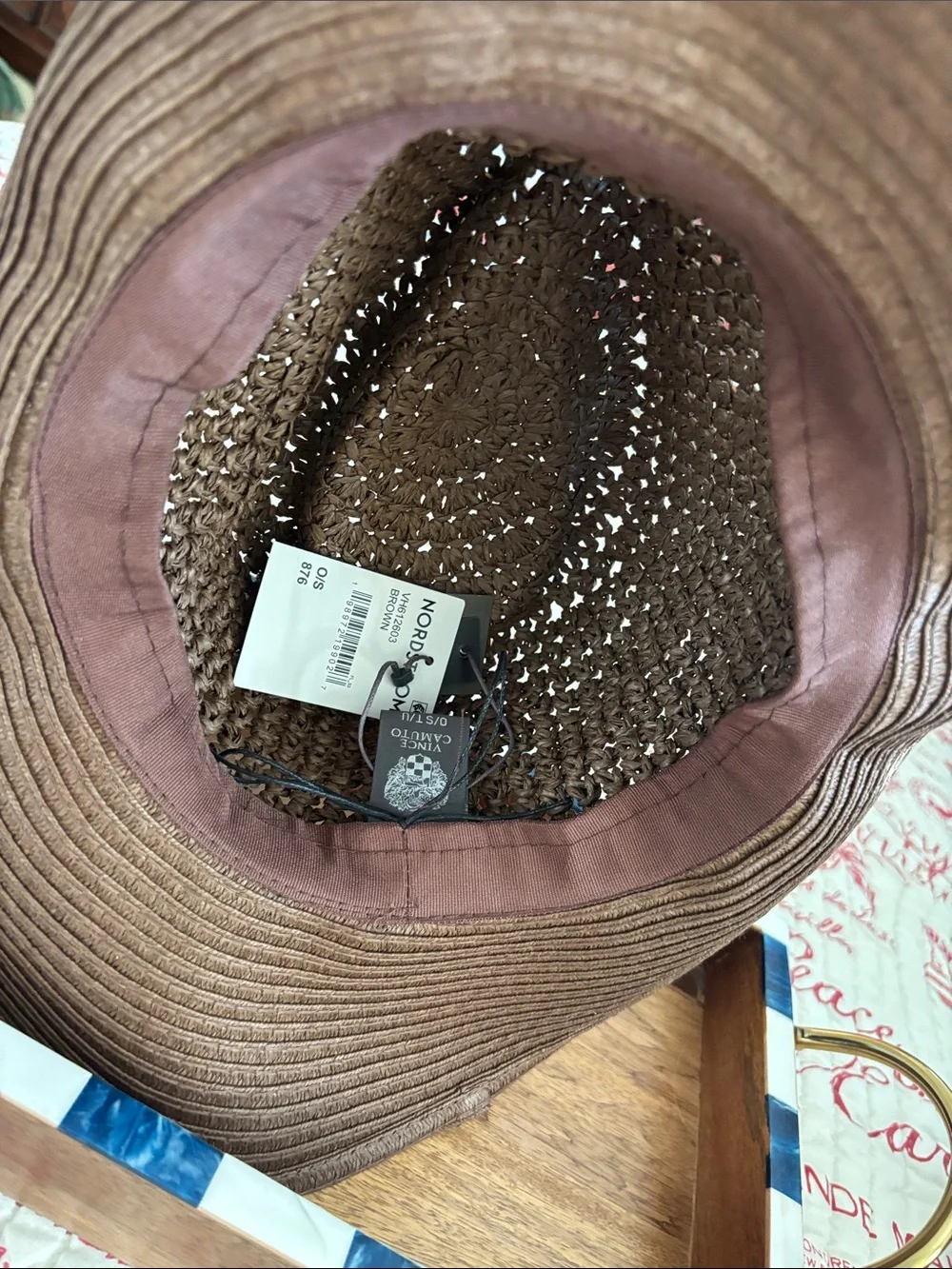 NWT Vince Camuto Brown Braided Straw Bucket Hat with Pink Beaded Accent Band